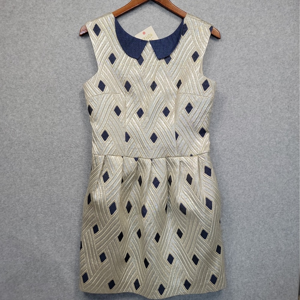 NEW Lauren Moffatt Gold Navy Diamond Shift Dress Sz 8 Sleeveles Cocktail Pockets